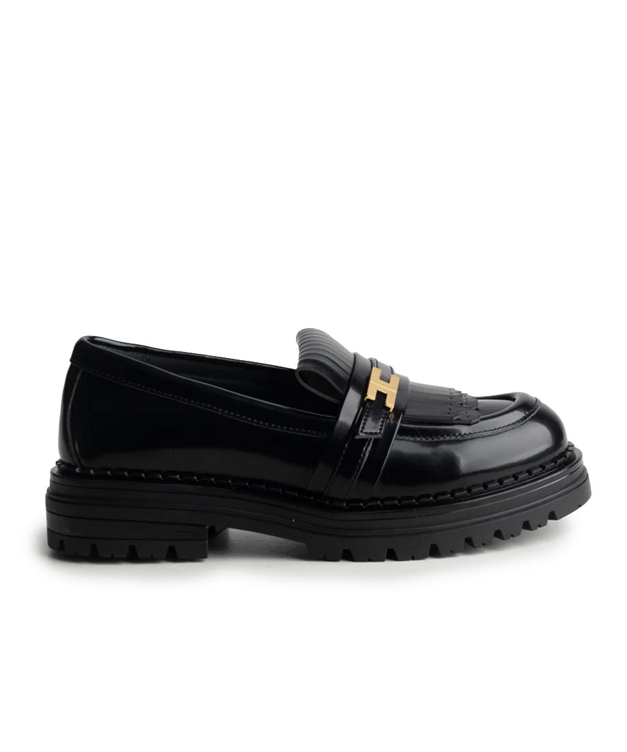Elisabetta Franchi La Mia Bambina Mocassino Nero Lucido con Logo Oro per Bambine