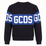 Gcds Kids Felpa Girocollo Nero con Banda Logata Blu per Bambini