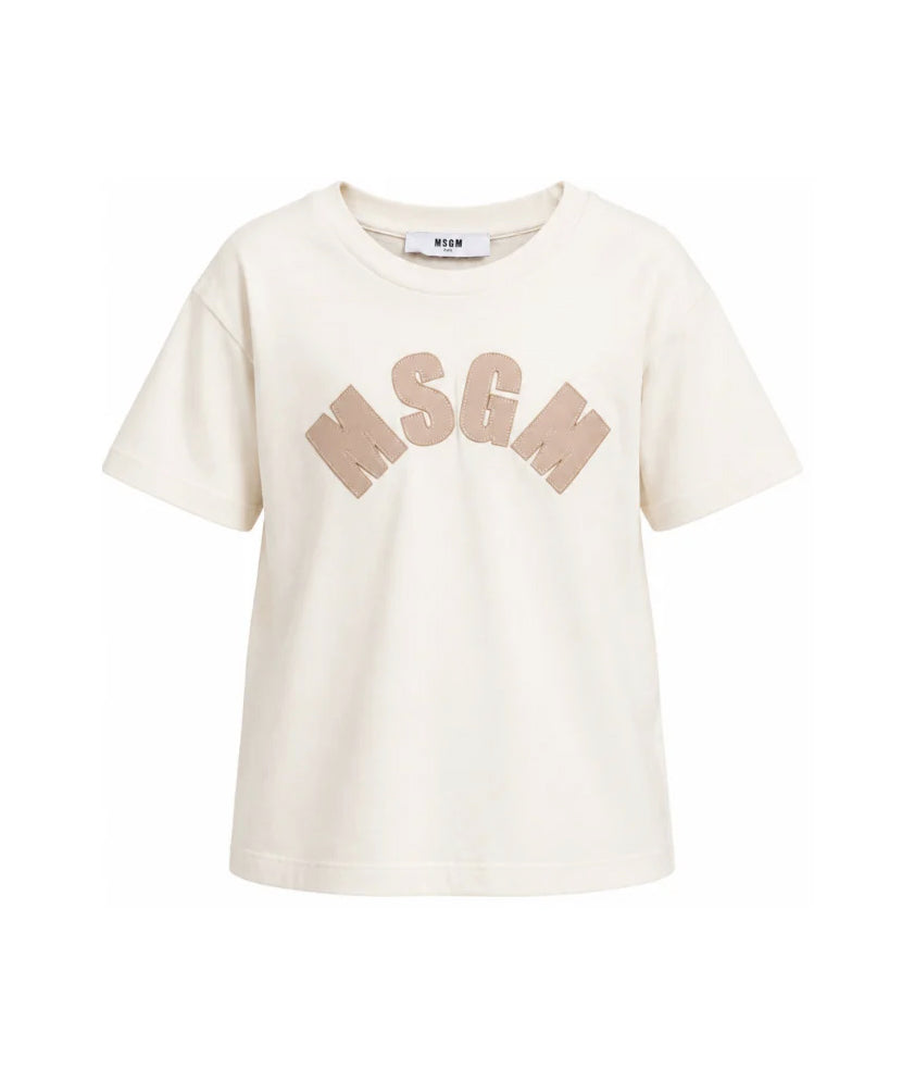 MSGM Kids T-Shirt Crema con Logo Lettering Cammello per Bambine