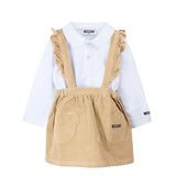 Moschino Kids Completo Beige con Scamiciato in Velluto a Coste Teddy Bear e Polo Bianca per Neonate