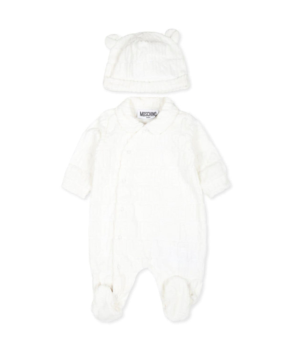 Moschino Kids Tutina Panna in Spugna con Logo Jacquard per Neonati