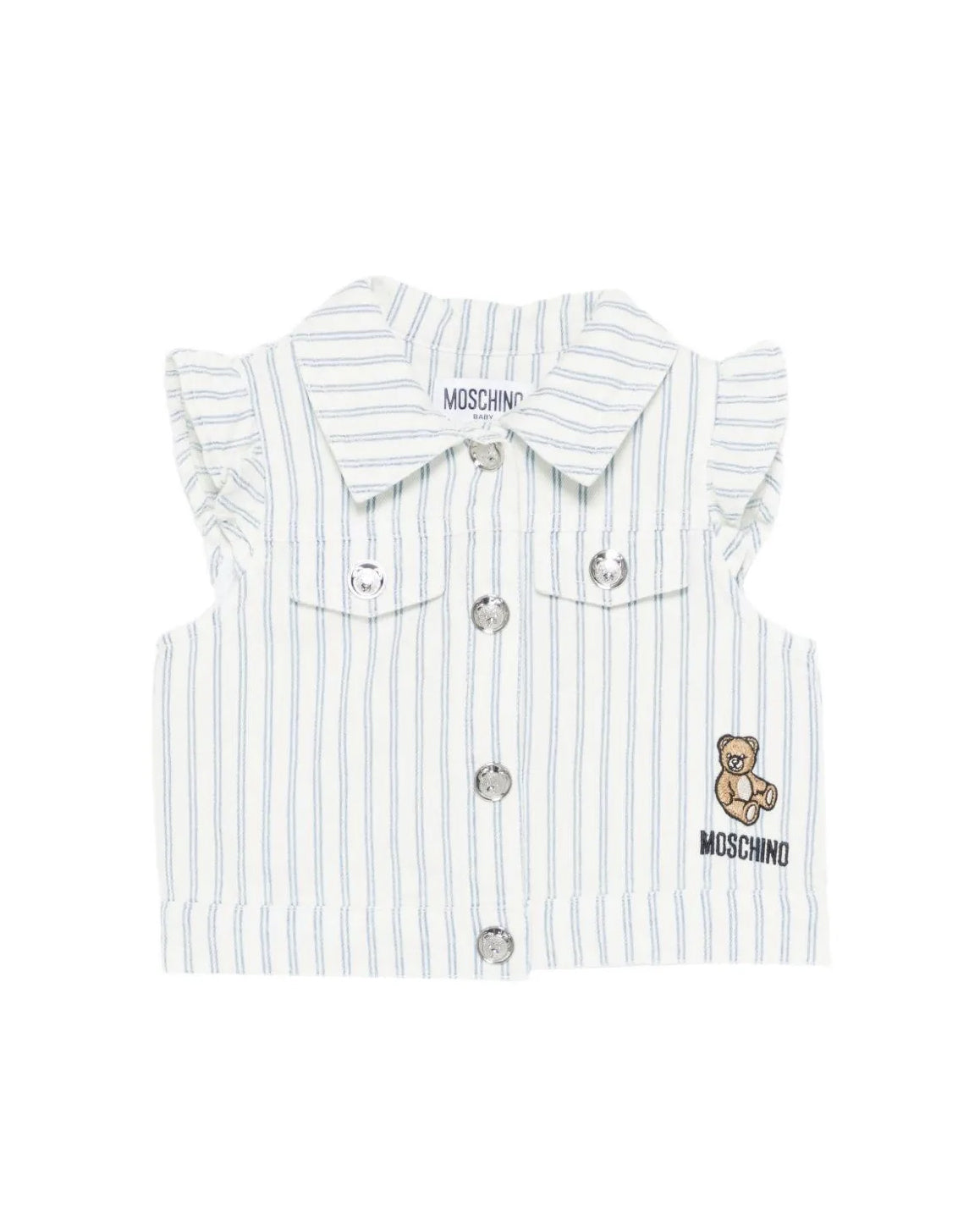 Moschino Kids Smanicato in Denim Bianco a Strisce con Teddy Bear per Neonate