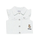Moschino Kids Smanicato in Denim Bianco a Strisce con Teddy Bear per Neonate