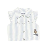 Moschino Kids Smanicato in Denim Bianco a Strisce con Teddy Bear per Neonate