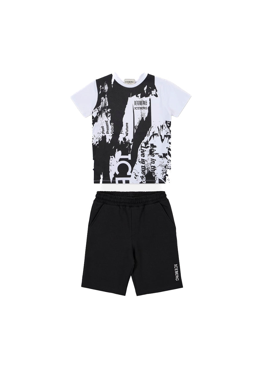 Iceberg Kids T-shirt Bianca con Stampa e Shorts Neri per Neonati