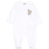 Moschino Kids Tutina Bianca in Cotone con Stampa Teddy Bear e Logo Unisex per Neonati