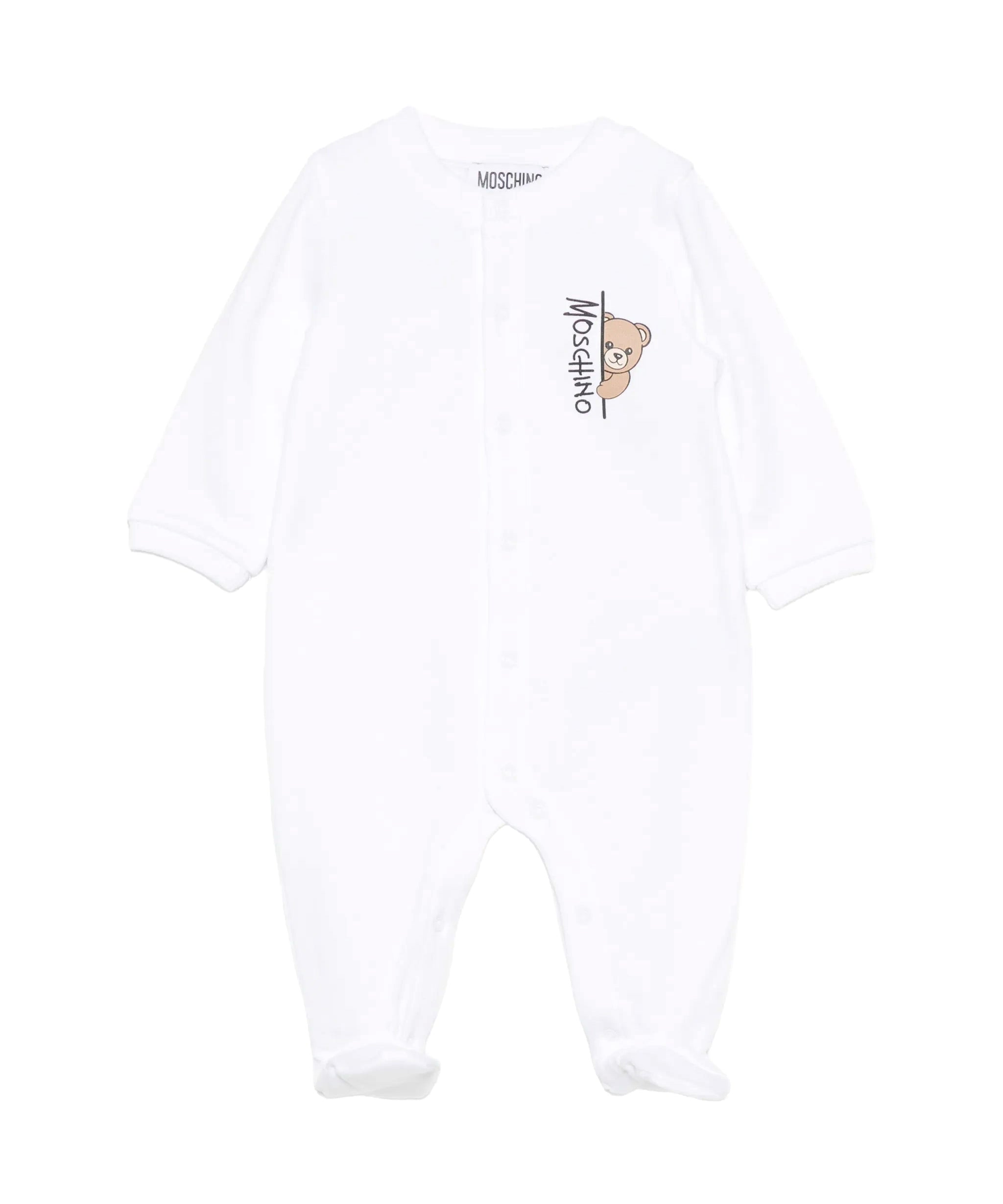 Moschino Kids Tutina Bianca in Cotone con Stampa Teddy Bear e Logo Unisex per Neonati
