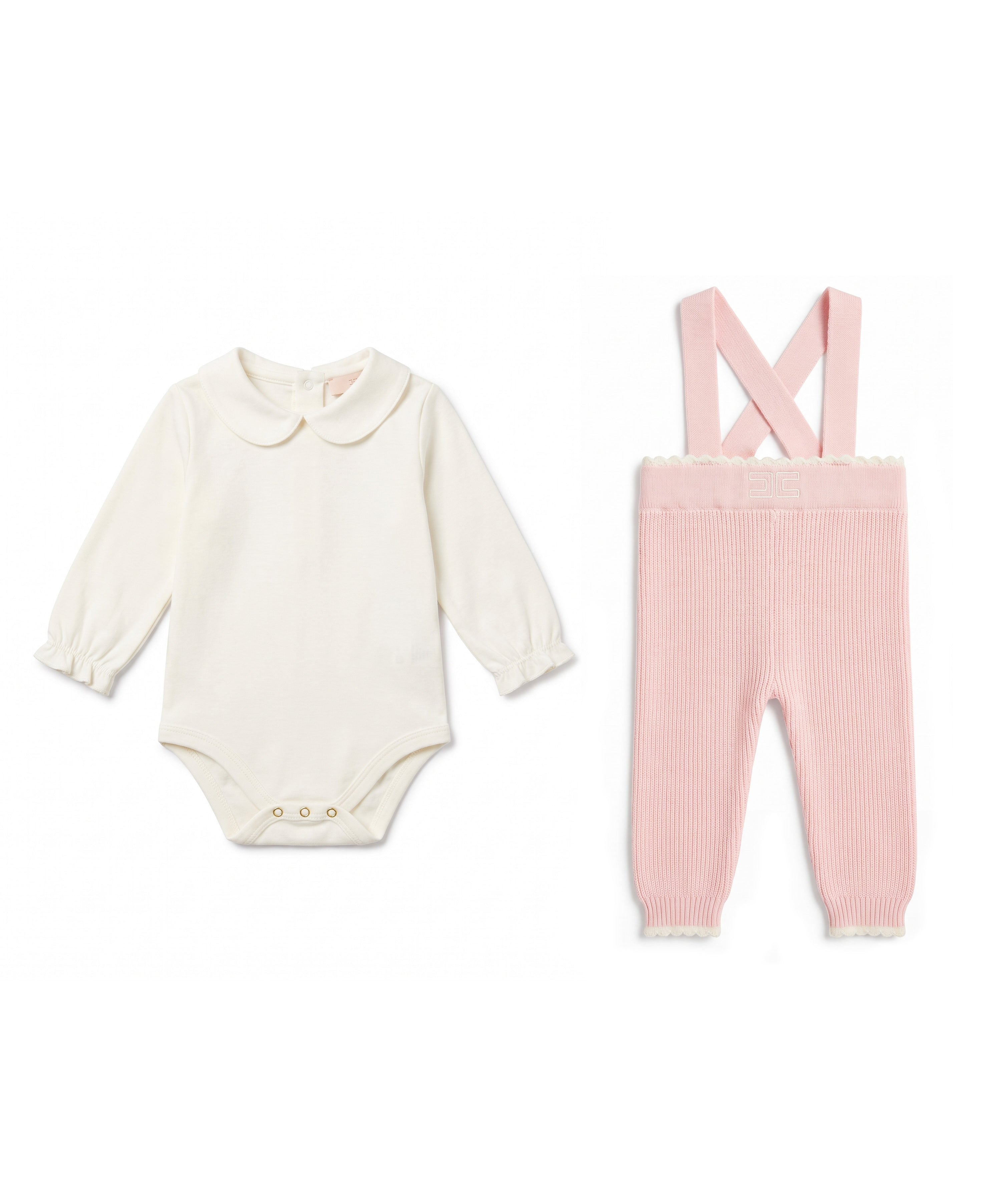 Elisabetta Franchi La Mia Bambina Completo Tutina Avorio+Salopette Rosa con Logo per Neonate