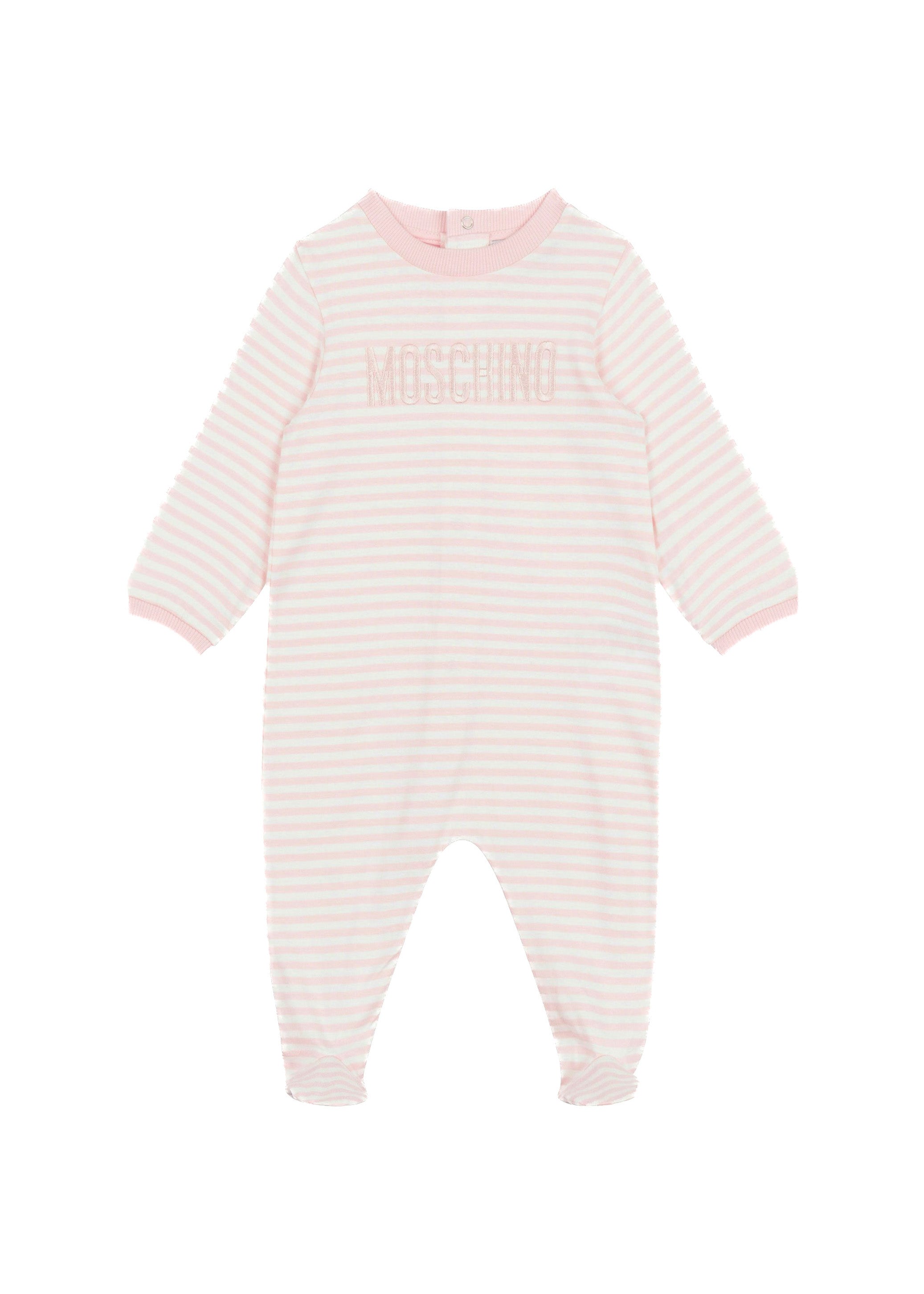 Moschino Kids Tutina Rosa a Righe con Logo per Neonate