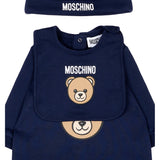 Moschino Kids Set Nascita Blu Navy con Tutina, Cappellino e Bavaglino con Stampa Teddy Bear e Logo per Neonati