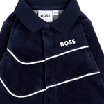 BOSS Kids Tutina Intera Blu Navy in Ciniglia con Colletto e Profili Bianchi per Neonati