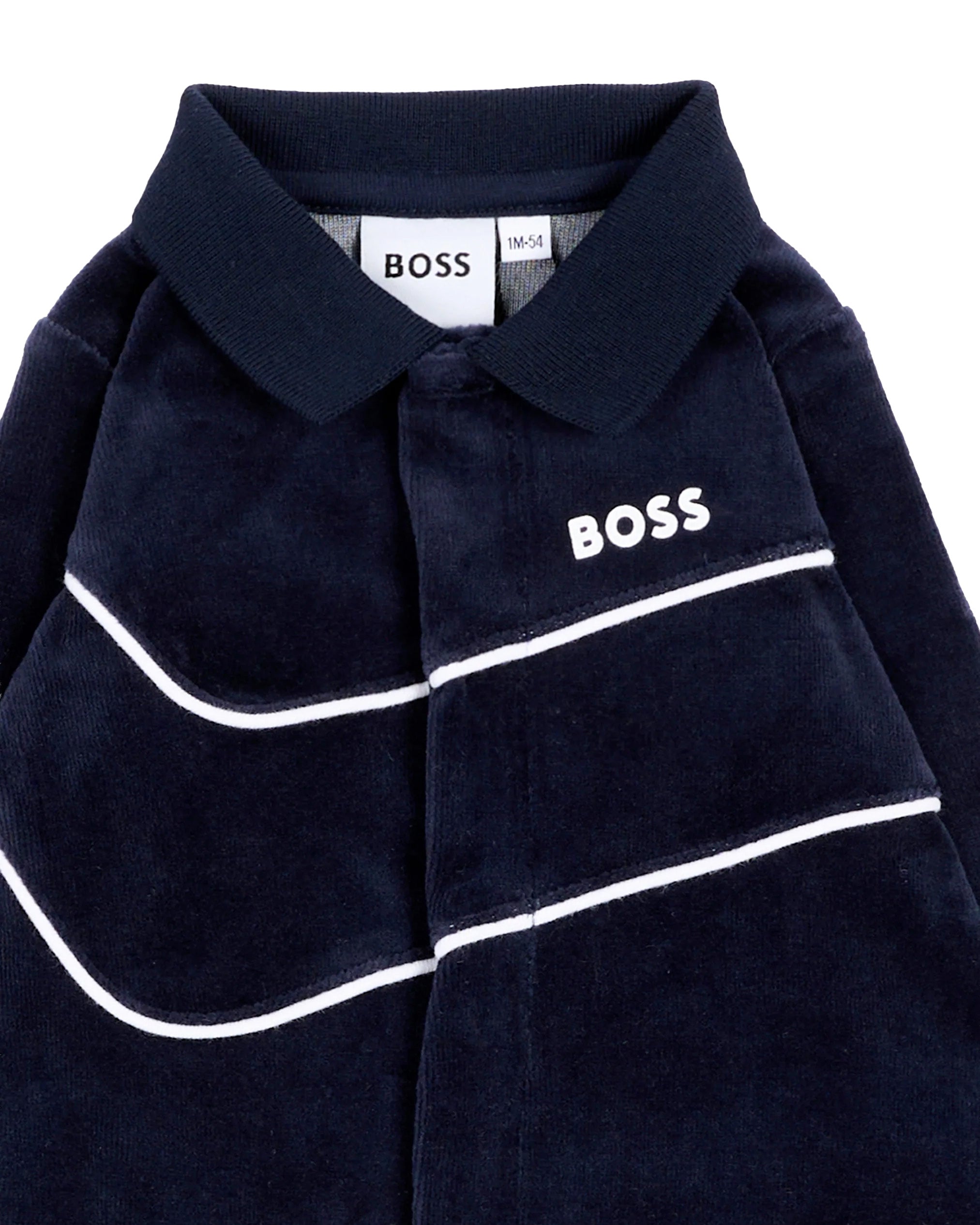 BOSS Kids Tutina Intera Blu Navy in Ciniglia con Colletto e Profili Bianchi per Neonati