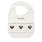 Moschino Kids Set Nascita Panna in Cotone Unisex con Teddy Bear Ricamati, Tutina, Cappellino e Bavaglino per Neonati