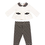 Elisabetta Franchi La Mia Bambina Completo Avorio e Nero con Blusa Peplum, Colletto alla Peter Pan Logo Monogram, Fibbie Ricamate e Leggings Stampa Logo All-Over per Neonate