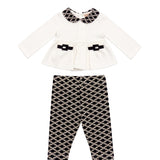 Elisabetta Franchi La Mia Bambina Completo Avorio e Nero con Blusa Peplum, Colletto alla Peter Pan Logo Monogram, Fibbie Ricamate e Leggings Stampa Logo All-Over per Neonate