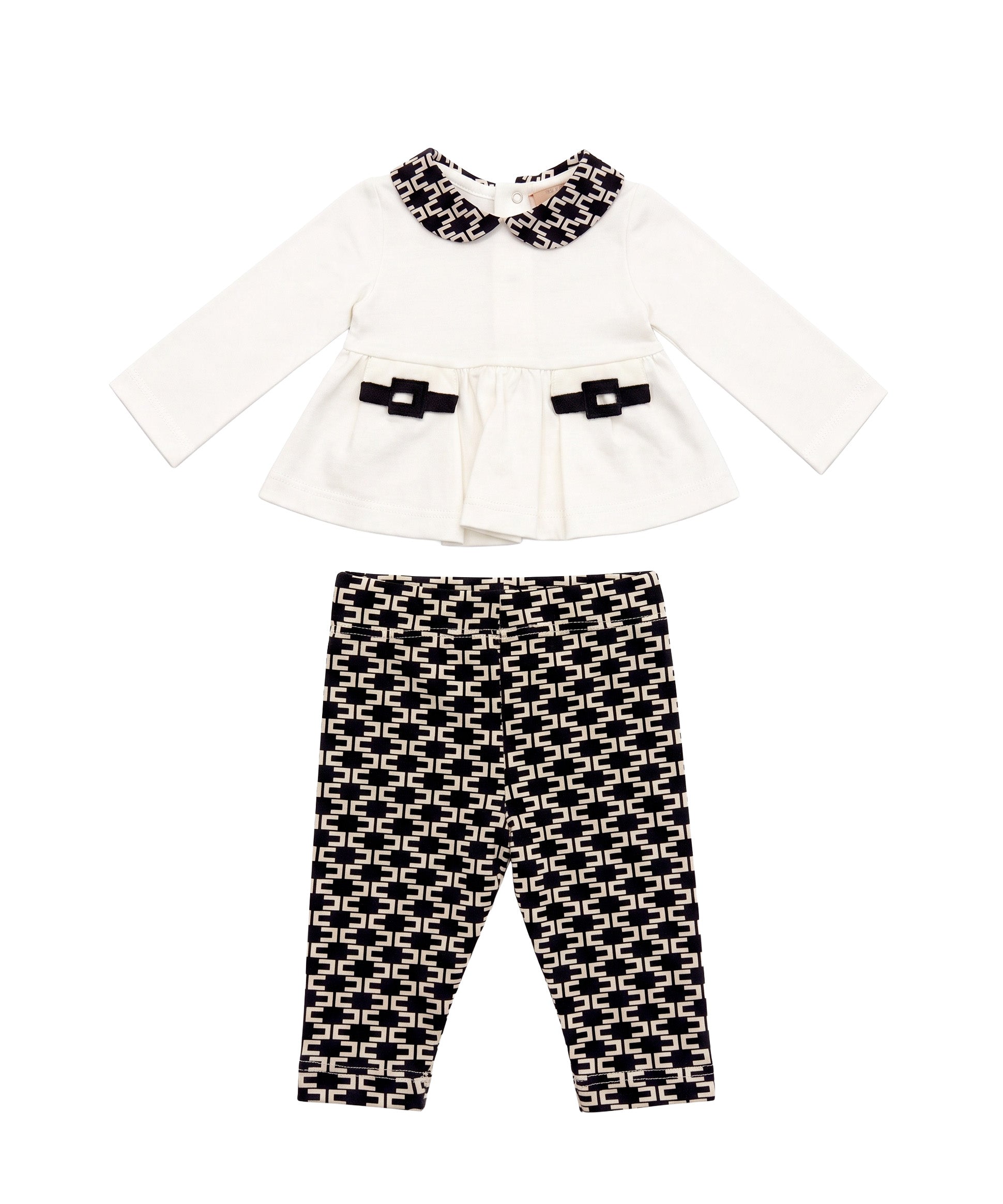 Elisabetta Franchi La Mia Bambina Completo Avorio e Nero con Blusa Peplum, Colletto alla Peter Pan Logo Monogram, Fibbie Ricamate e Leggings Stampa Logo All-Over per Neonate