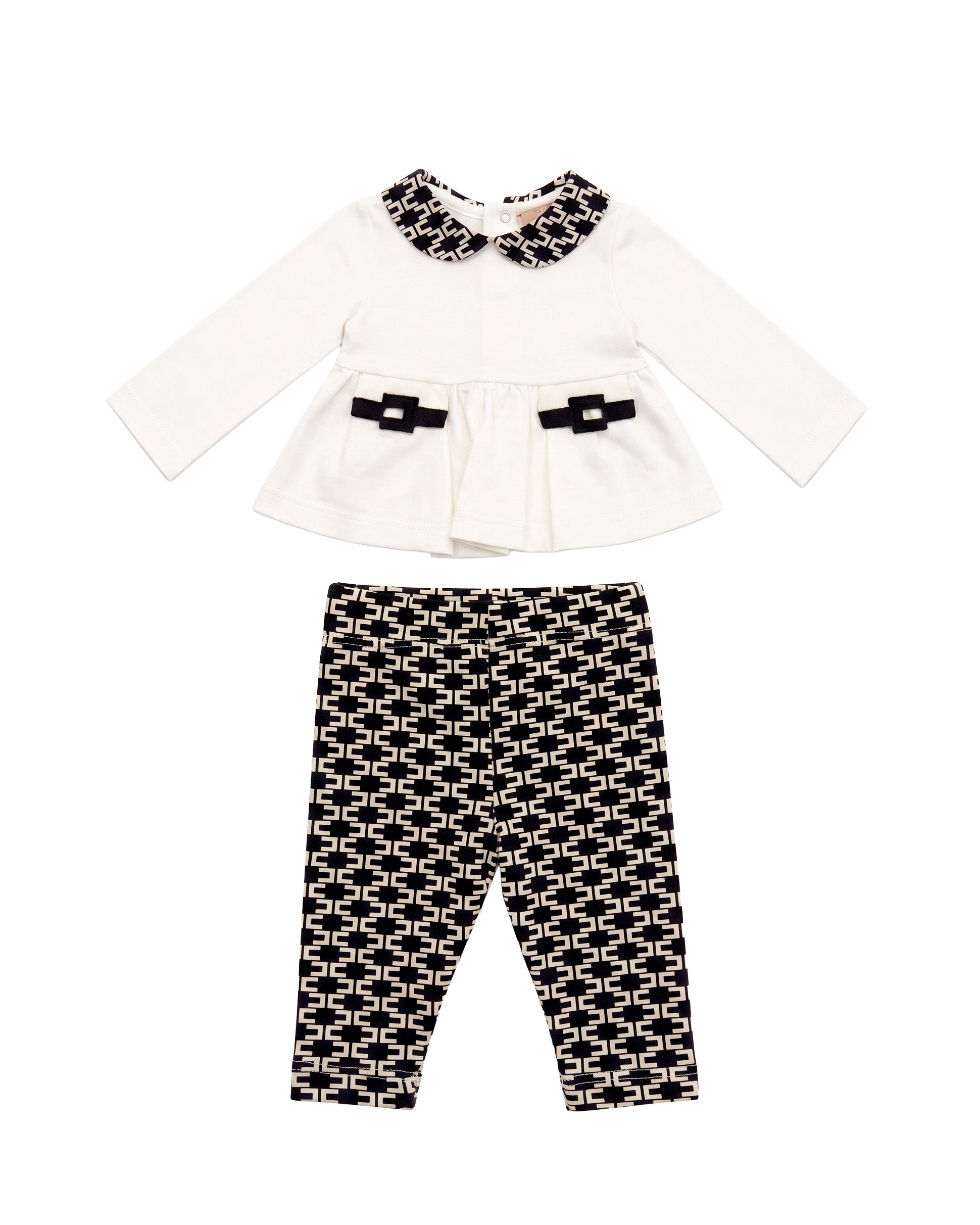 Elisabetta Franchi La Mia Bambina Completo Avorio e Nero con Blusa Peplum, Colletto alla Peter Pan Logo Monogram, Fibbie Ricamate e Leggings Stampa Logo All-Over per Neonate