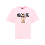 T-shirt panna Moschino Kids in cotone con stampa orsetto Teddy e logo. Comfort e stile per un look casual e riconoscibile ogni giorno.
