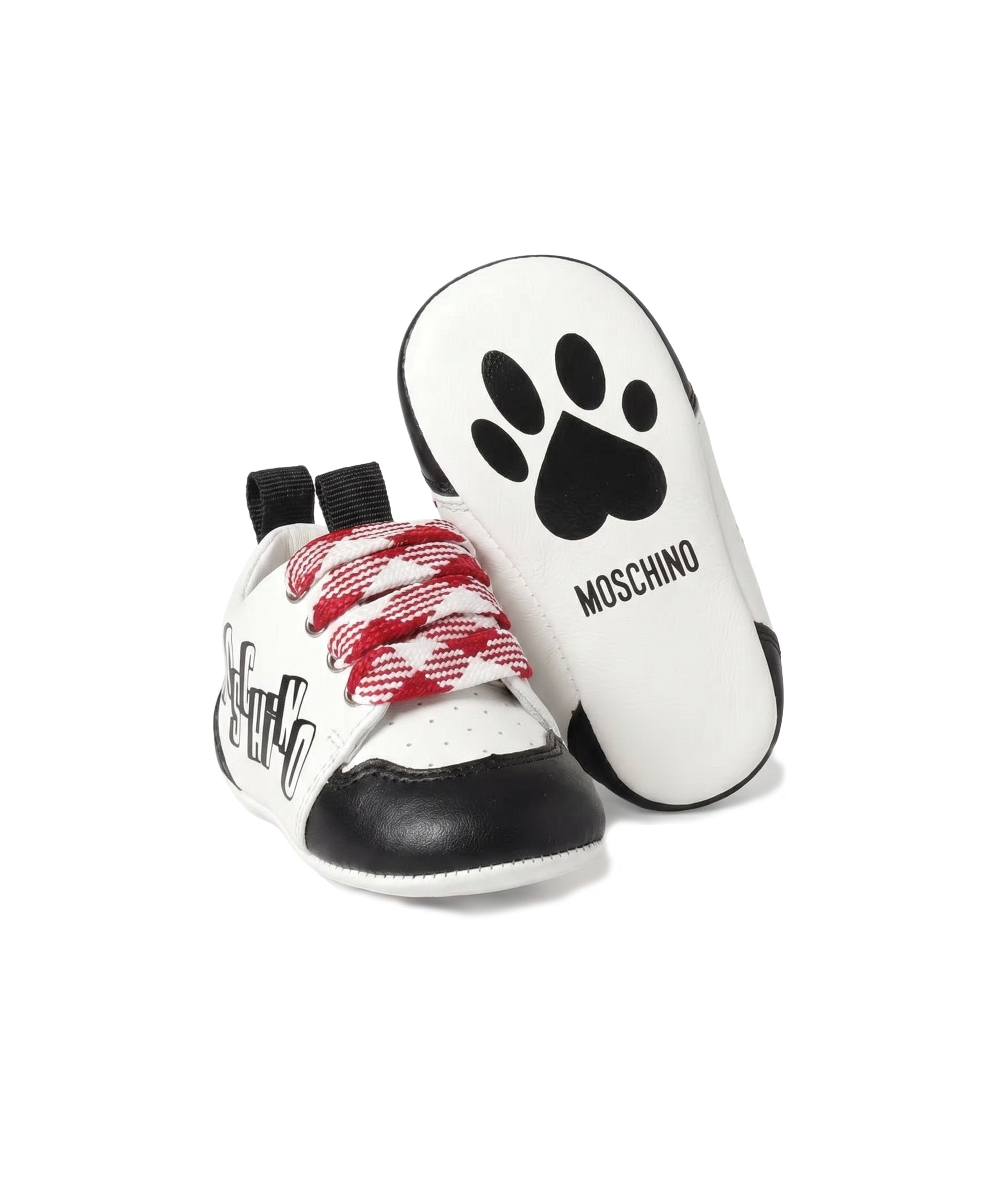 Moschino Kids Scarpette Bianco e Nero Laccio Fantasia Rosso con Logo per Neonati