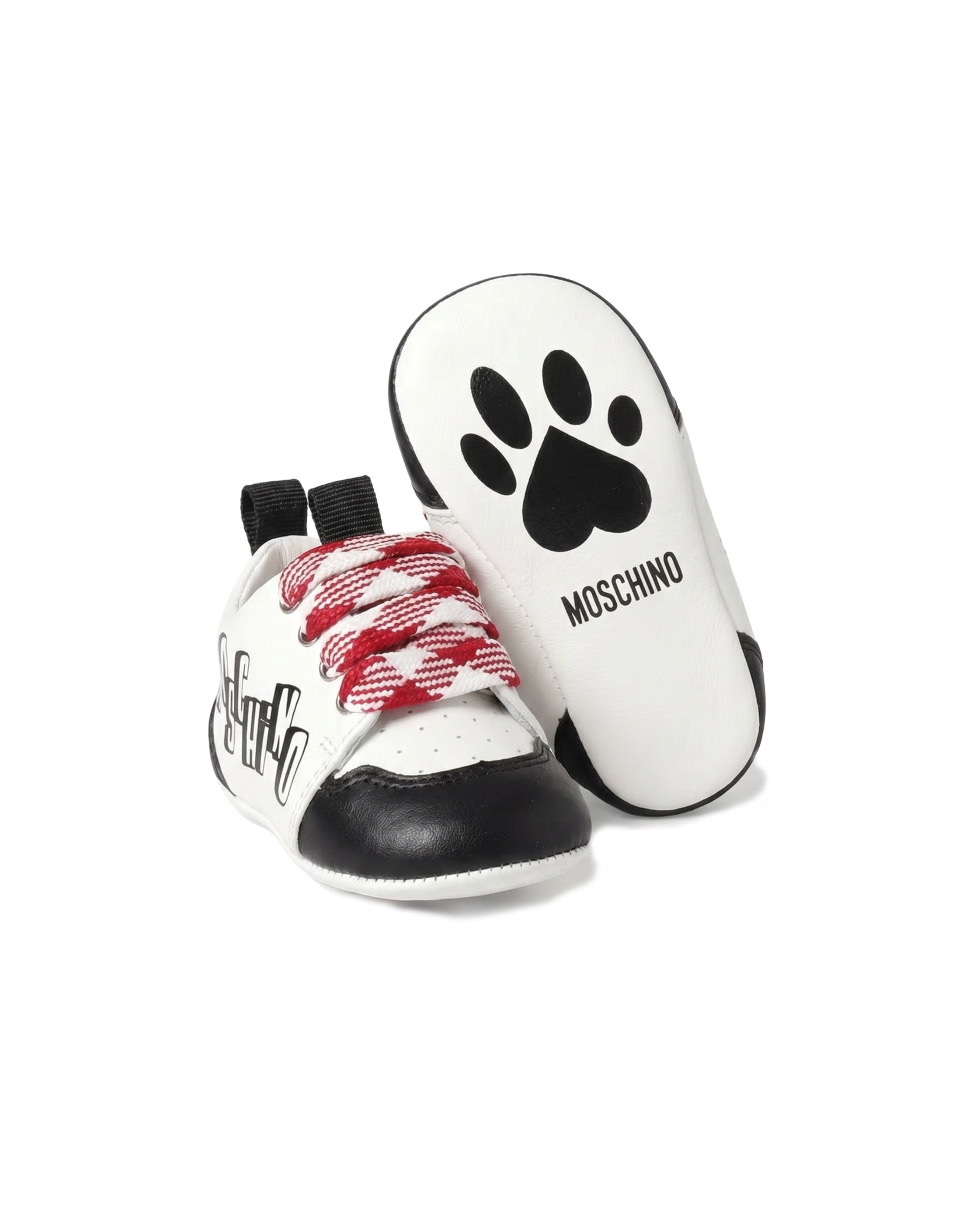 Moschino Kids Scarpette Bianco e Nero Laccio Fantasia Rosso con Logo per Neonati