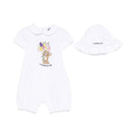 Moschino Kids Pagliaccetto e Cappello Bianco con Logo per Neonate 