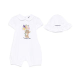 Moschino Kids Pagliaccetto e Cappello Bianco con Logo per Neonate 