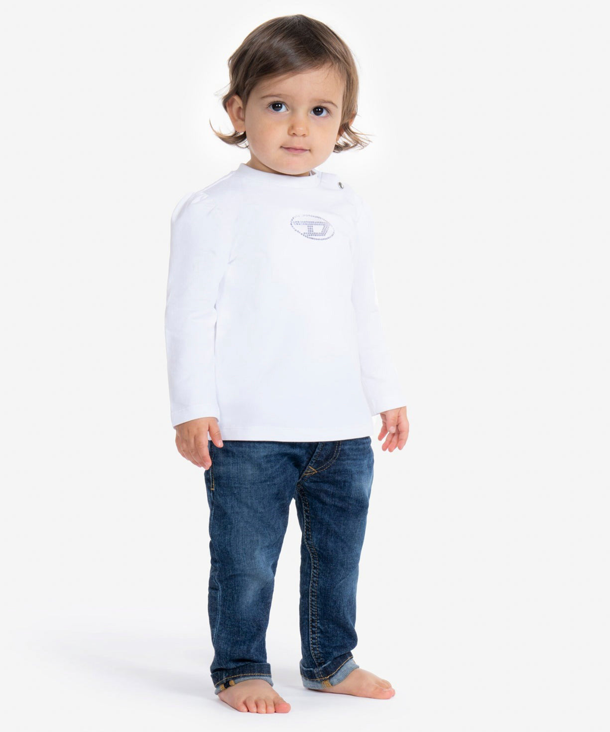 Diesel Kids T-shirt Maniche Lunghe Bianca con Logo Strass per Neonate
