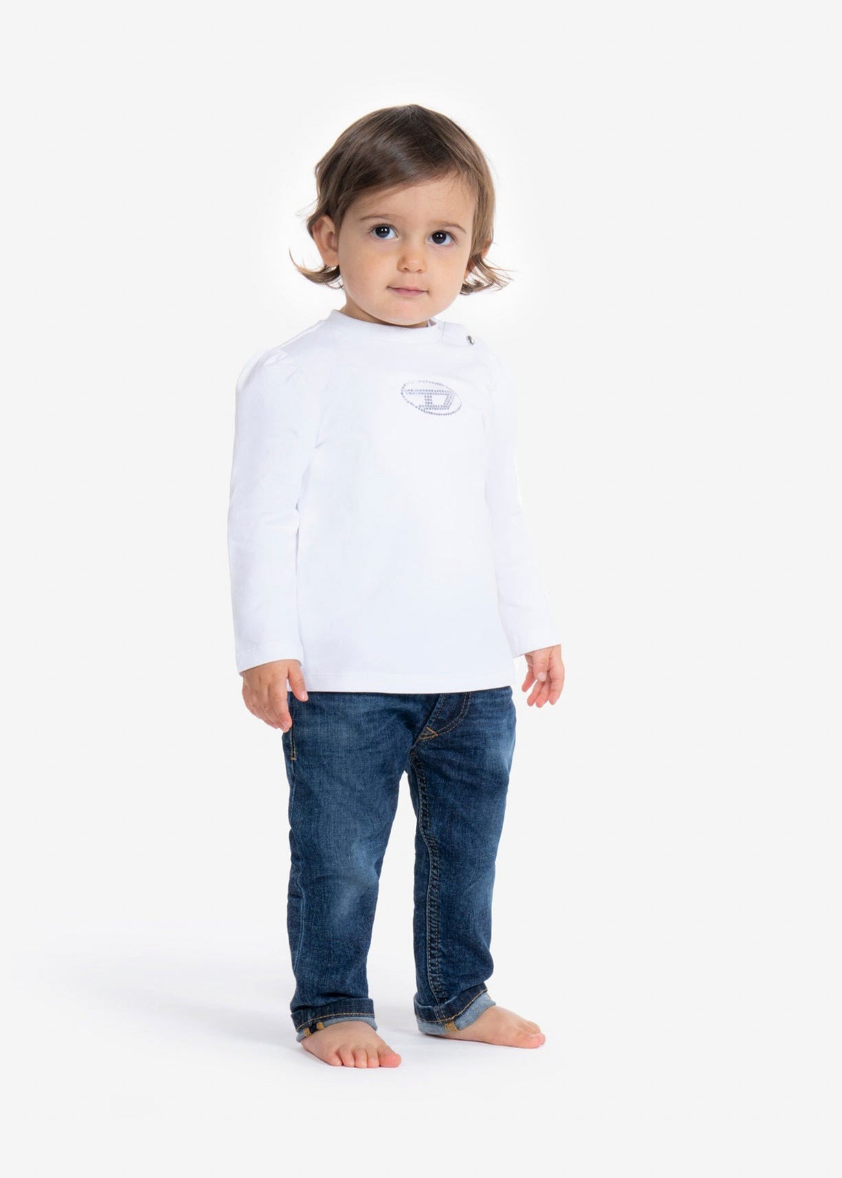 Diesel Kids T-shirt Maniche Lunghe Bianca con Logo Strass per Neonate