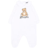Moschino Kids Tutina Bianca in Cotone con Colletto e Stampa Teddy Bear e Logo per Neonati