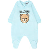 Moschino Kids Tutina con Bavetta e Cappellino Celeste con Logo per Neonati