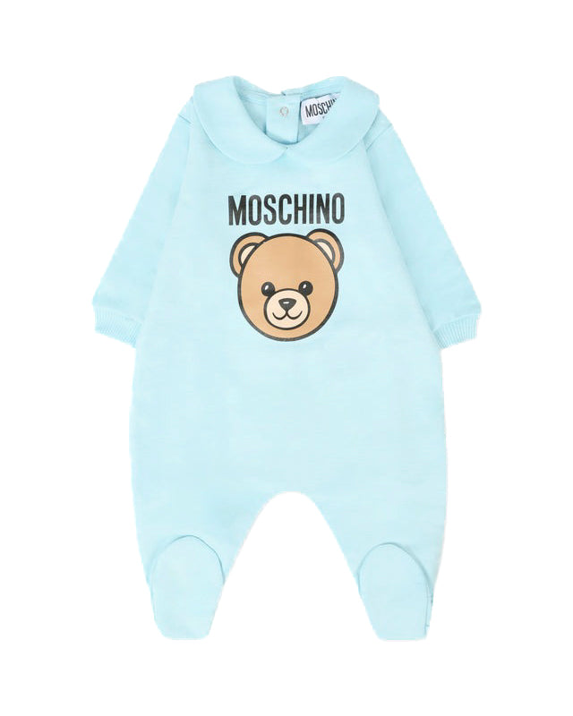 Moschino Kids Tutina con Bavetta e Cappellino Celeste con Logo per Neonati