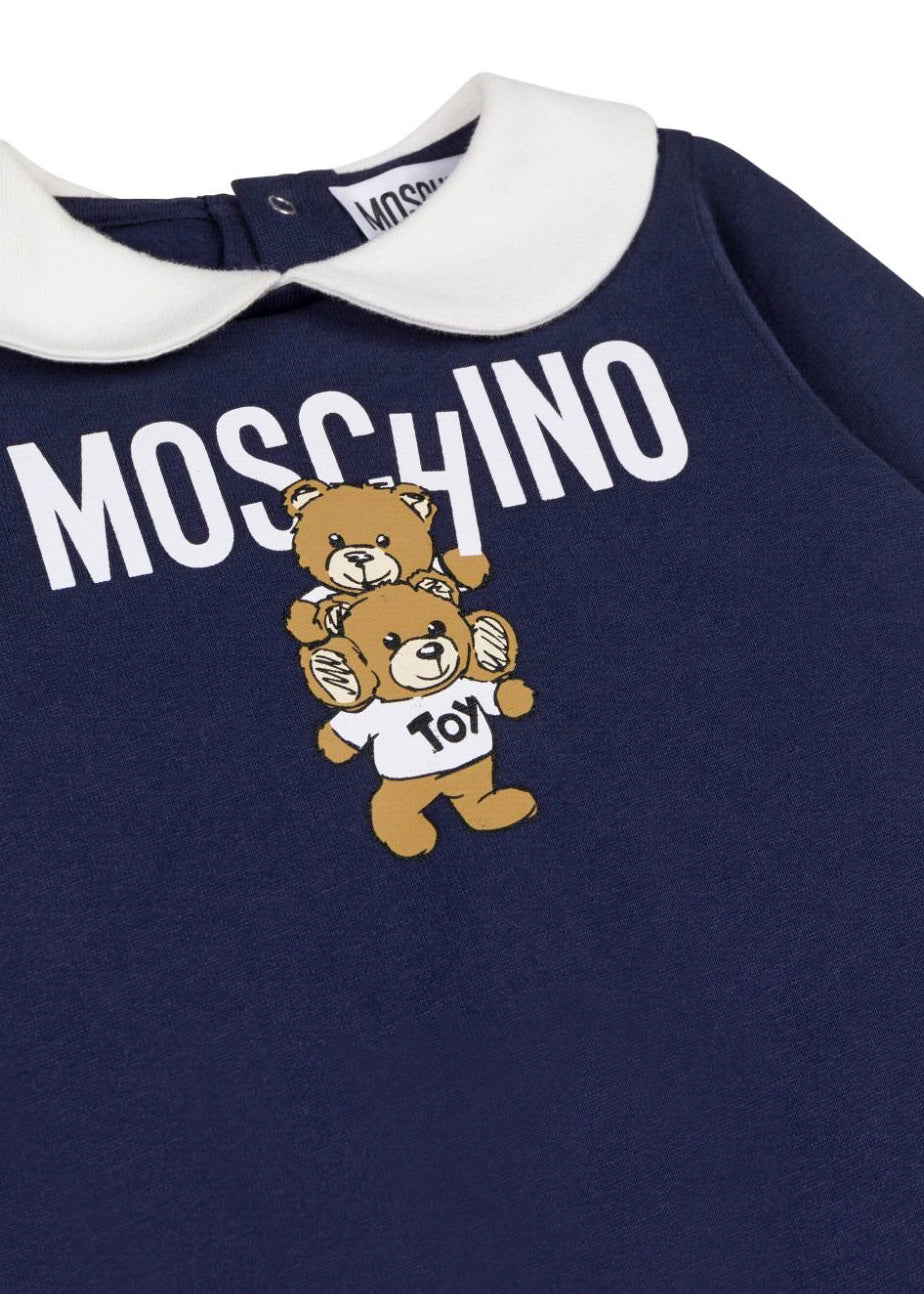 Moschino Kids Tutina Blu con Stampa Logo Teddy Bear per Neonati (dettaglio)