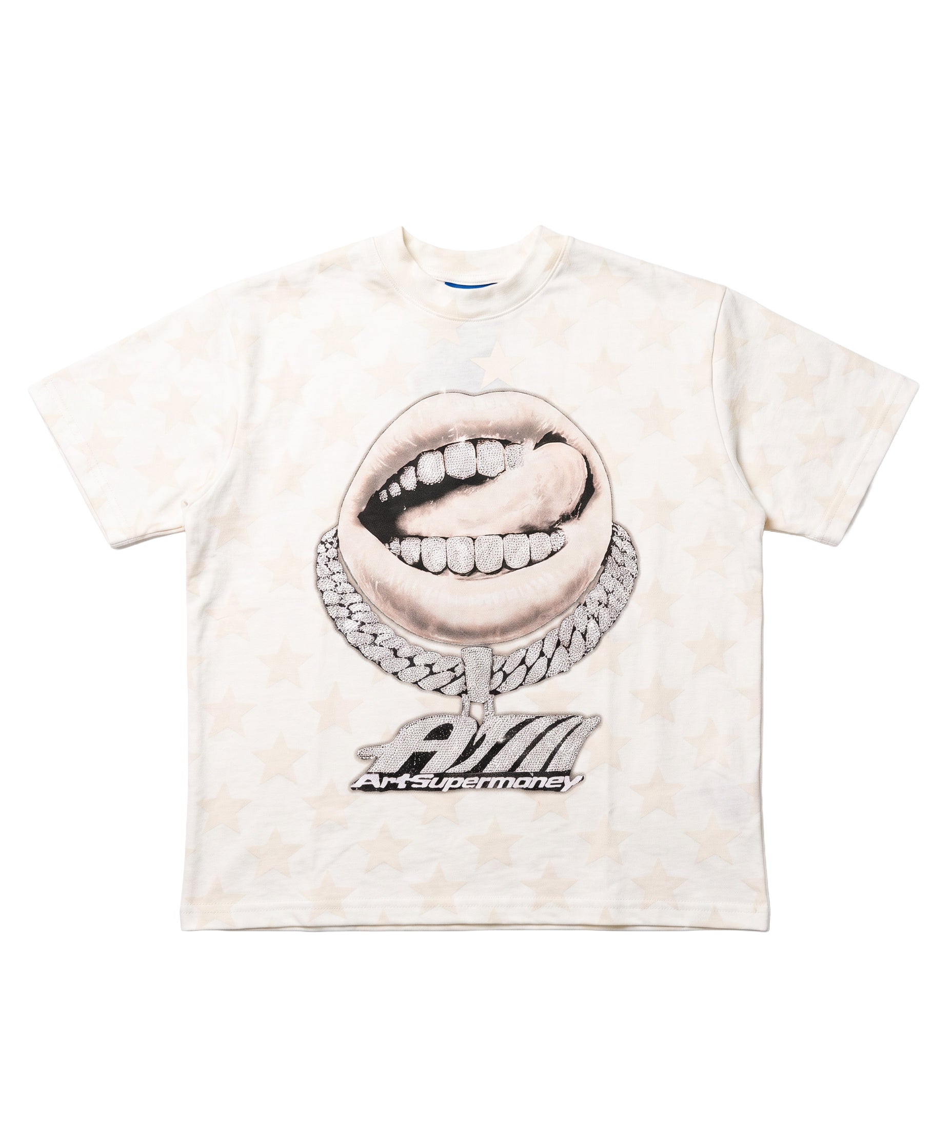 ArtSuperMoney Kids T-Shirt Bianco e Beige Stampa Grillz con Strass per Bambini