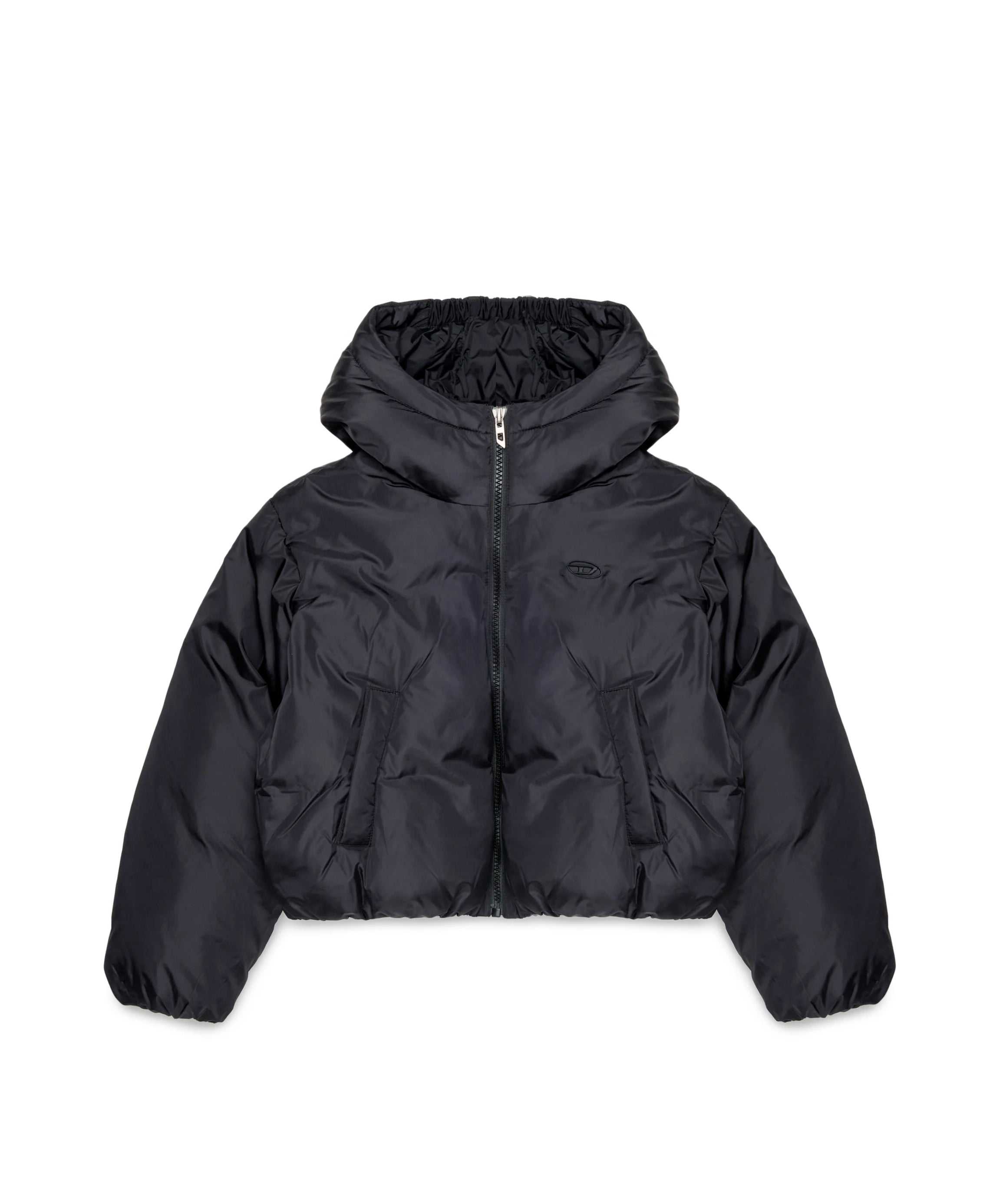 Diesel Kids Piumino Cropped Nero con Cappuccio e Logo Oval per Bambine