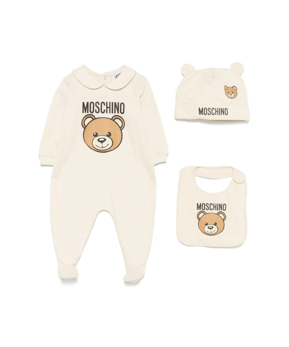 Moschino Kids Tutina con Capellino e Bavetta Beige per Neonati