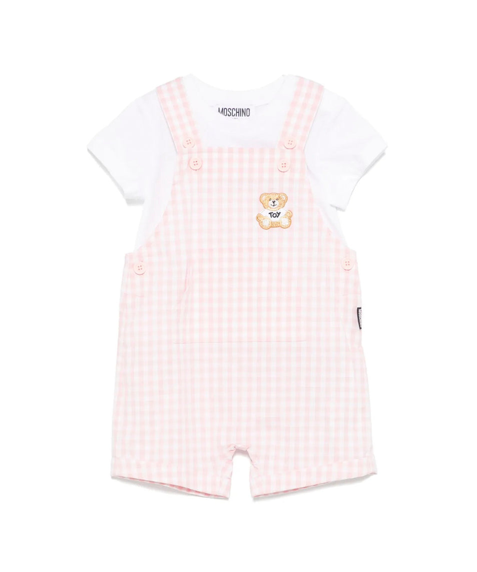 Moschino Kids T-shirt con Salopette Rosa a Quadri per Neonate