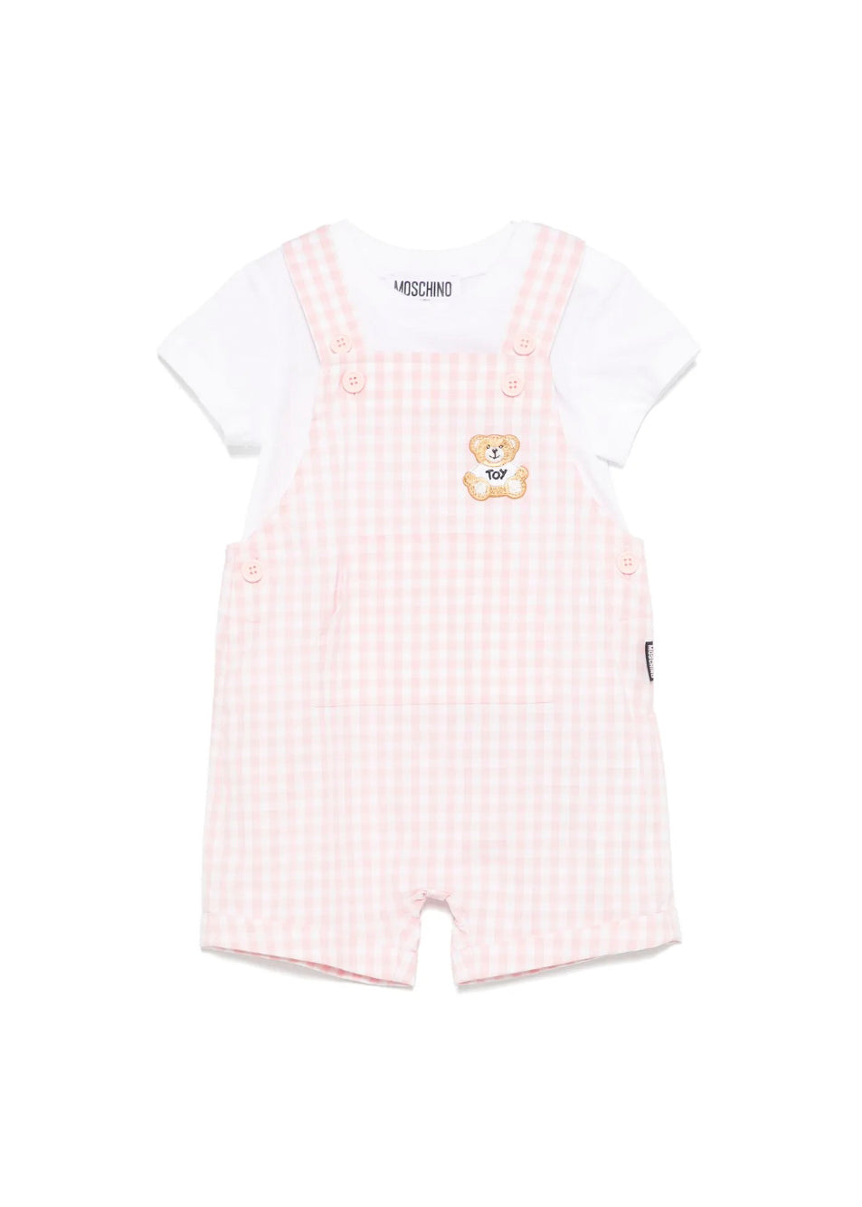 Moschino Kids T-shirt con Salopette Rosa a Quadri per Neonate