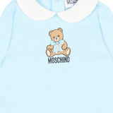 Moschino Kids Tutina Celeste in Cotone con Colletto e Stampa Teddy Bear per Neonati