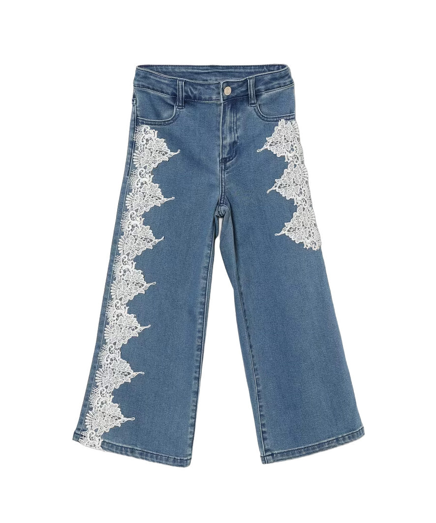 Twinset Kids Pantalone in Denim con Dettagli in Pizzo per Bambine