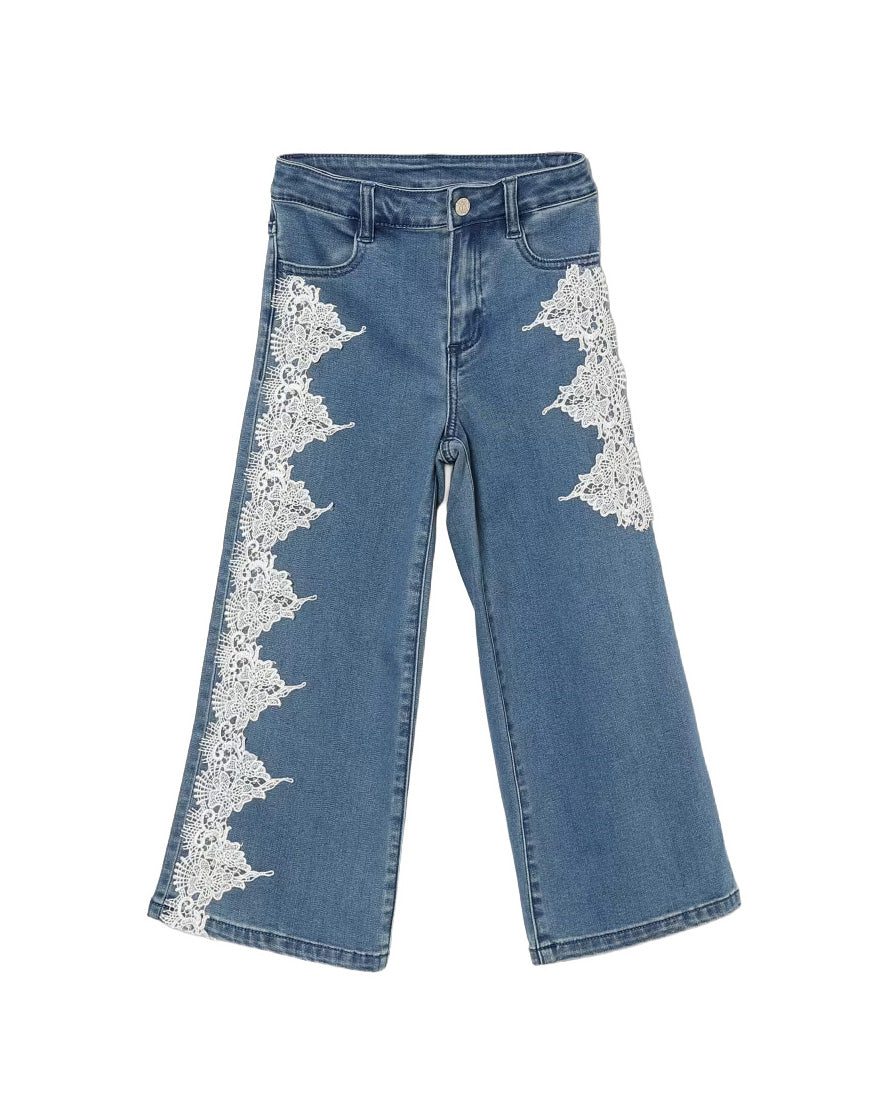 Twinset Kids Pantalone in Denim con Dettagli in Pizzo per Bambine