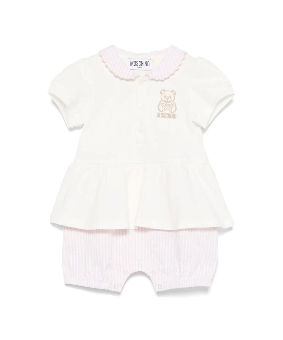 Moschino Kids Tutina a Righe Panna/Rosa con Ricamo Teddy per Neonate