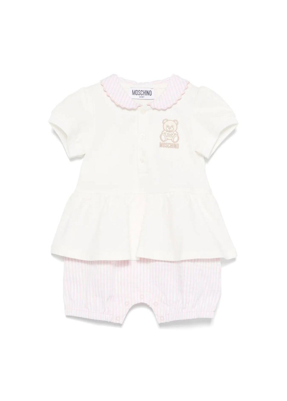 Moschino Kids Tutina a Righe Panna/Rosa con Ricamo Teddy per Neonate