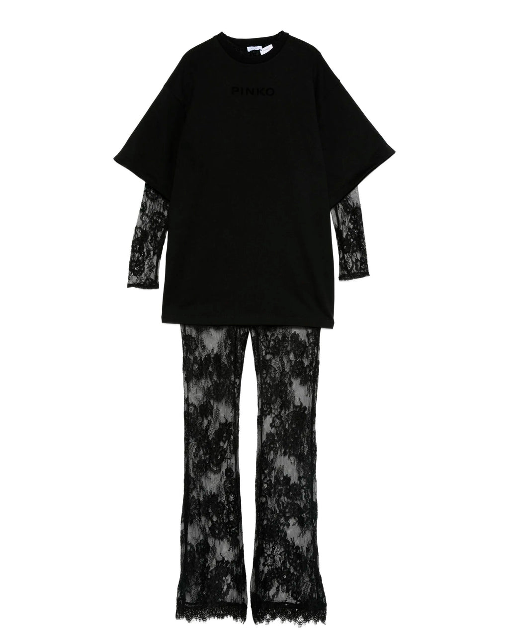 Pinko Kids Tuta in Pizzo Nera con T-shirt per Bambine