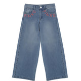 Pinko Kids Jeans Denim Blu con Logo Strass Rosa per Bambine