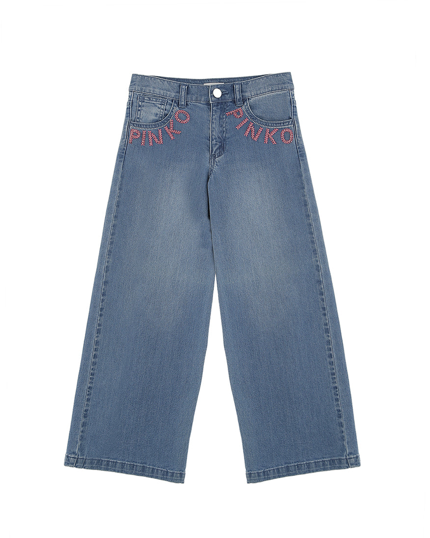 Pinko Kids Jeans Denim Blu con Logo Strass Rosa per Bambine