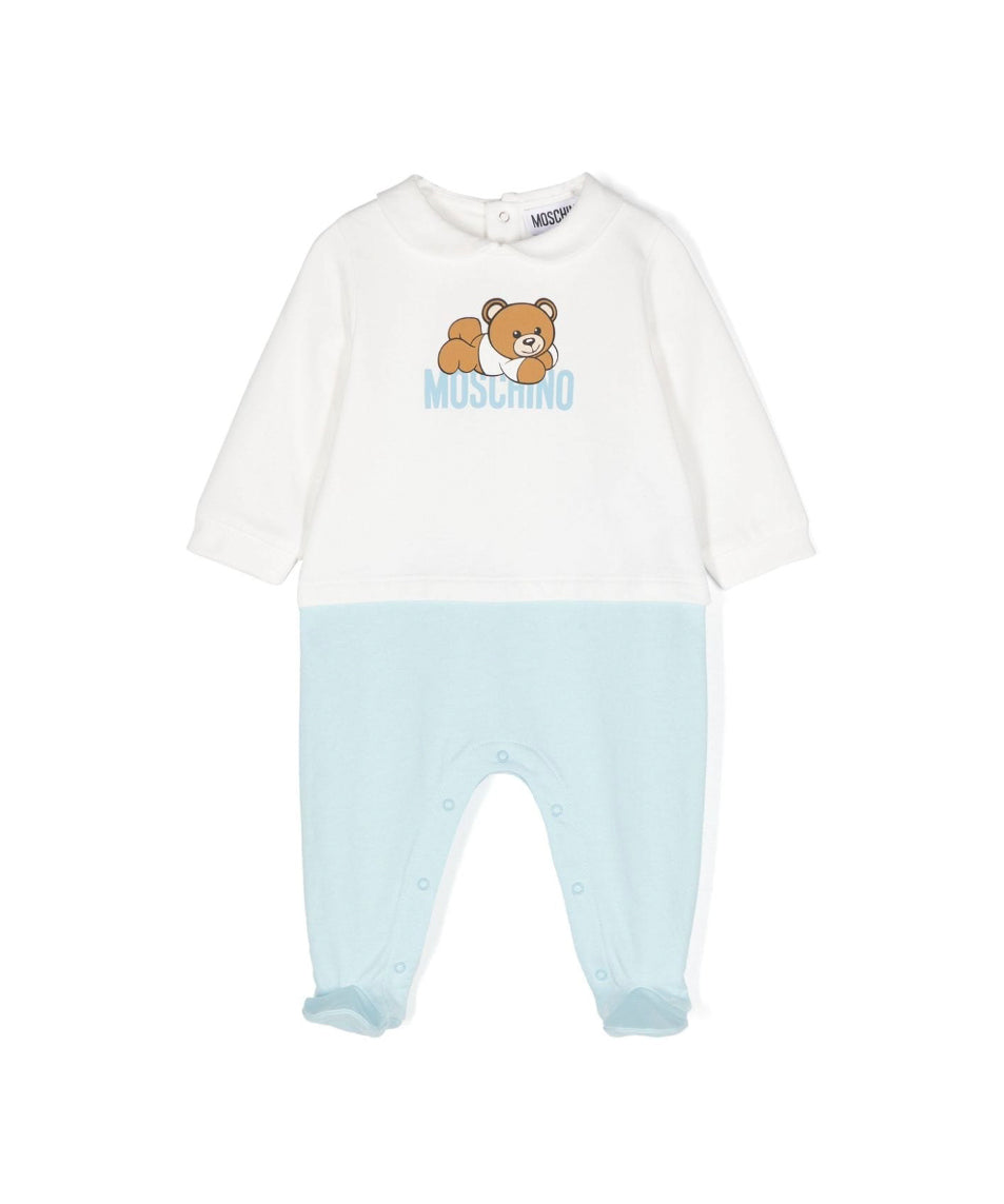Moschino Kids Tutina Bianco/Cielo con Stampa Logo per Neonati (fronte)