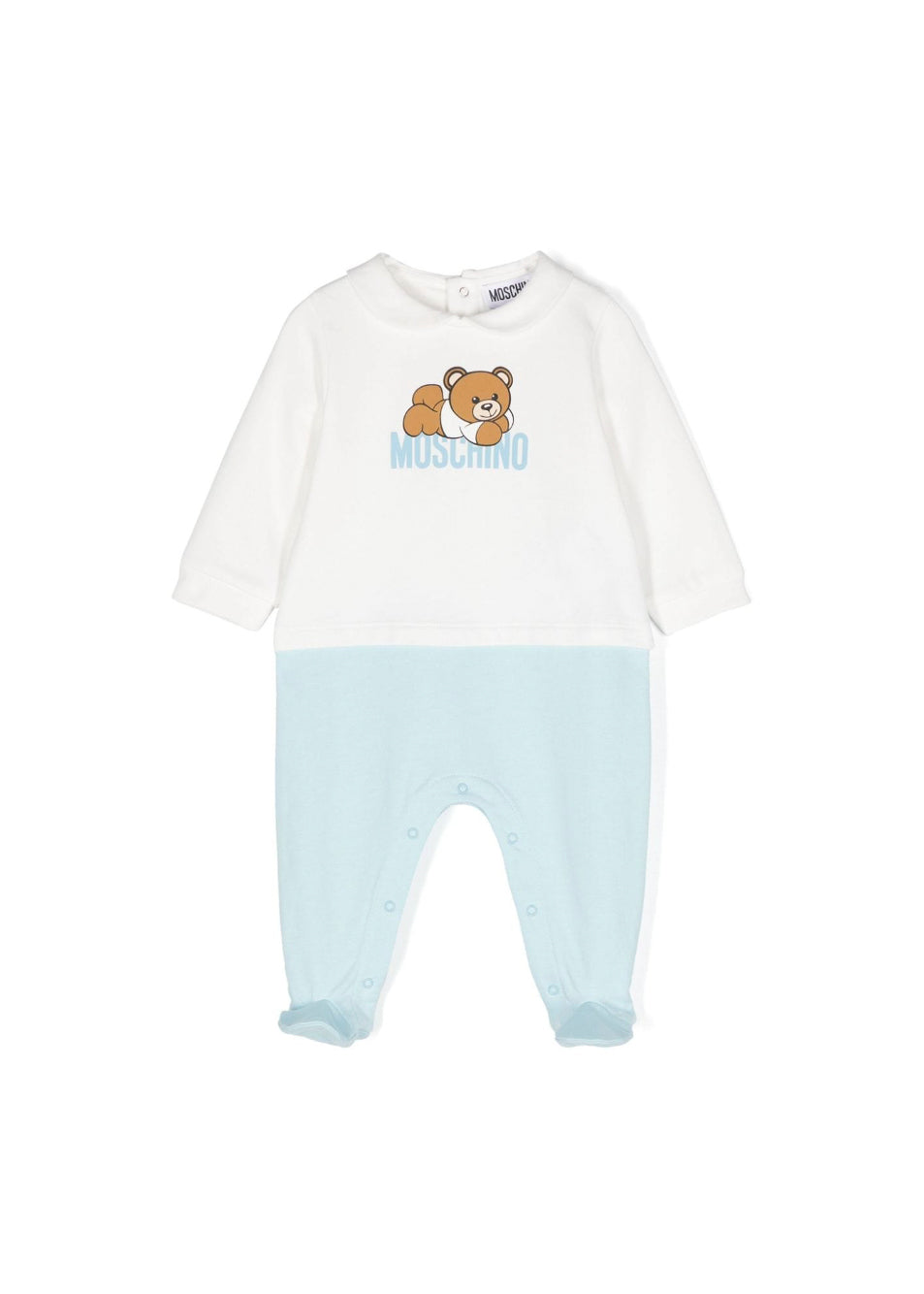 Moschino Kids Tutina Bianco/Cielo con Stampa Logo per Neonati (fronte)