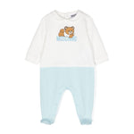 Moschino Kids Tutina Bianco/Cielo con Stampa Logo per Neonati (fronte)