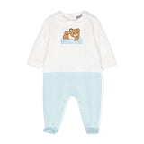 Moschino Kids Tutina Bianco/Cielo con Stampa Logo per Neonati (fronte)