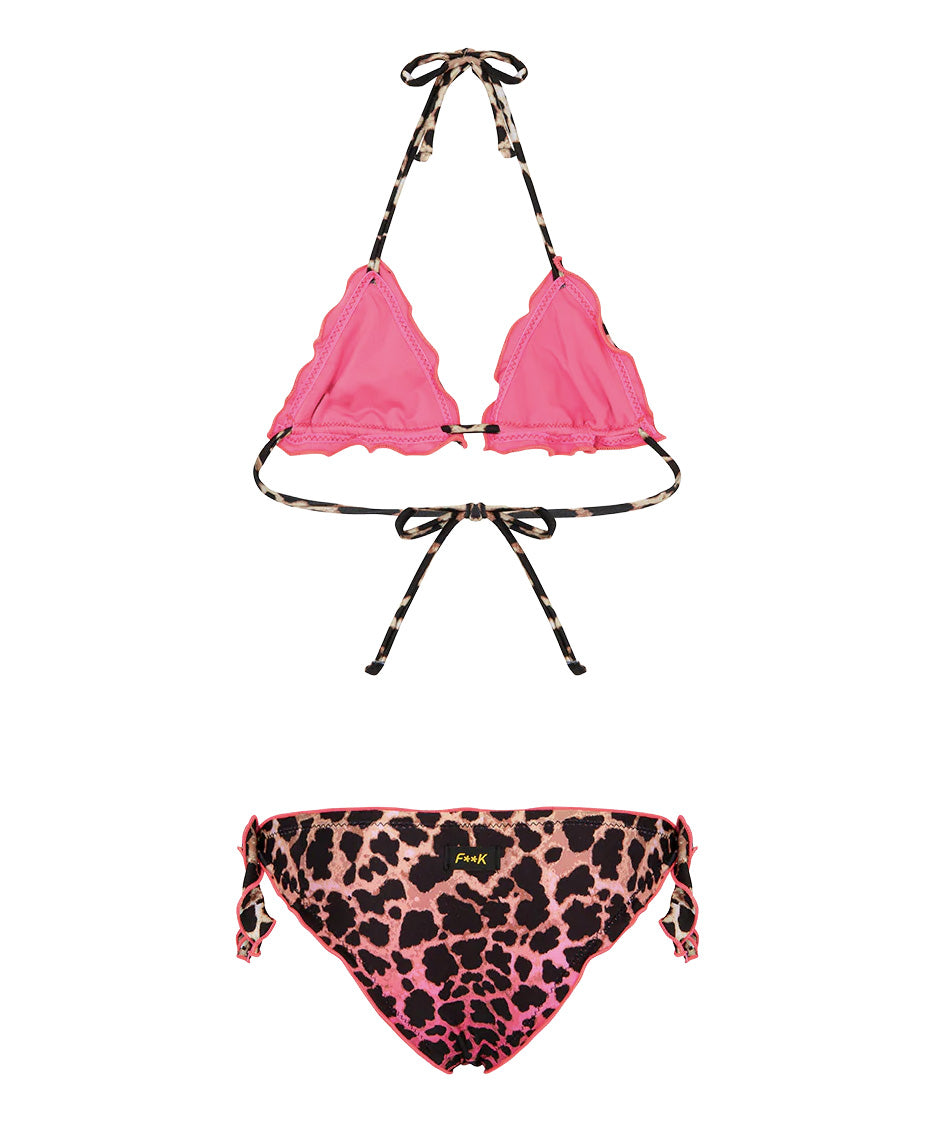 F**K Kids Costume Due Pezzi a Triangolo Fantasia Leopardato Rosa per Bambine